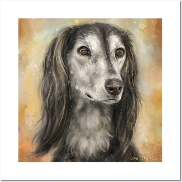 Painting of a Long Hair Brown and White Saluki Dog on Yellow Brown Background Wall Art by ibadishi